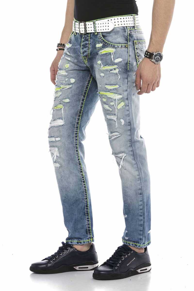CD605 Neon Green Ripped Ice Blue Men's Jeans