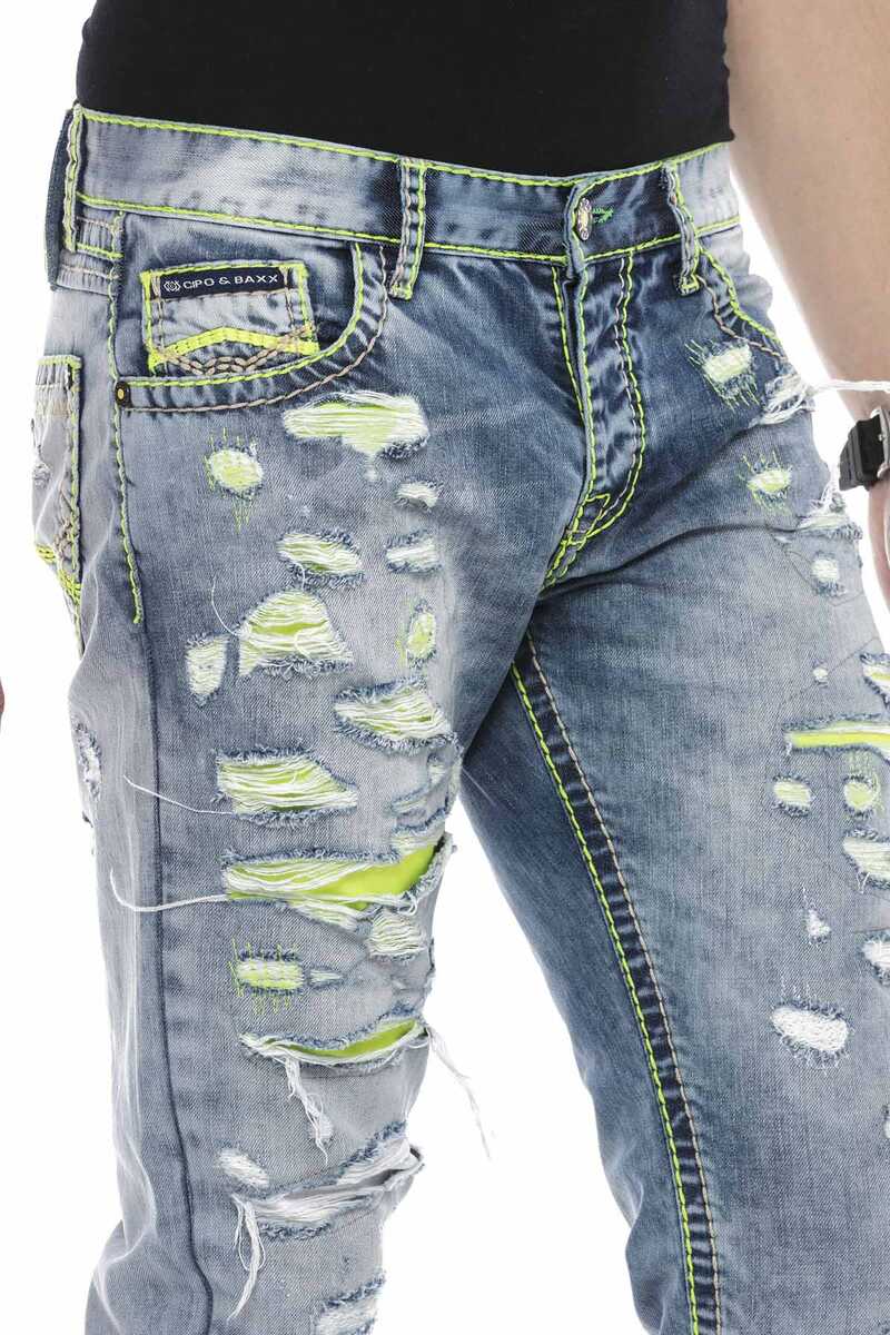 CD605 Neon Green Ripped Ice Blue Men's Jeans