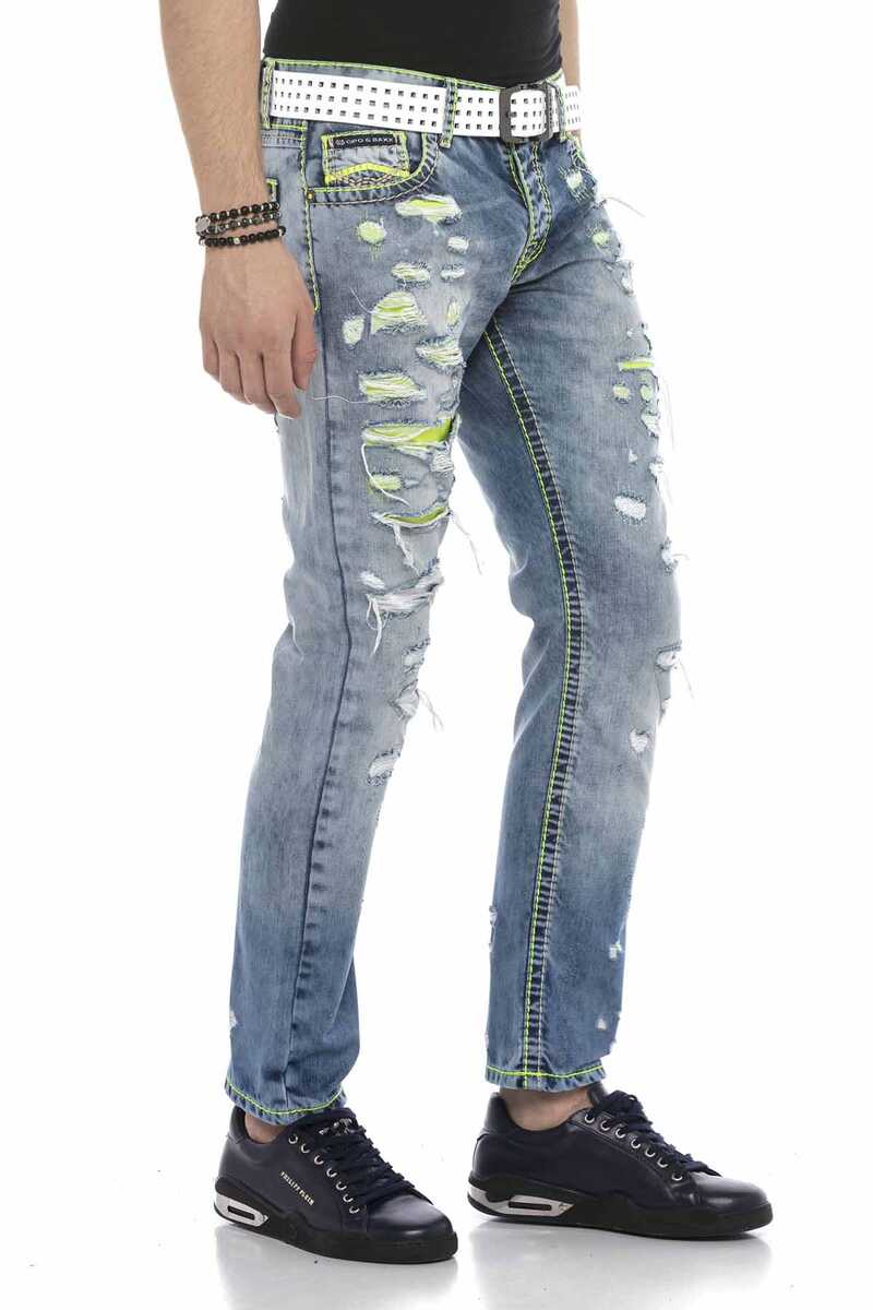 CD605 Neon Green Ripped Ice Blue Men's Jeans
