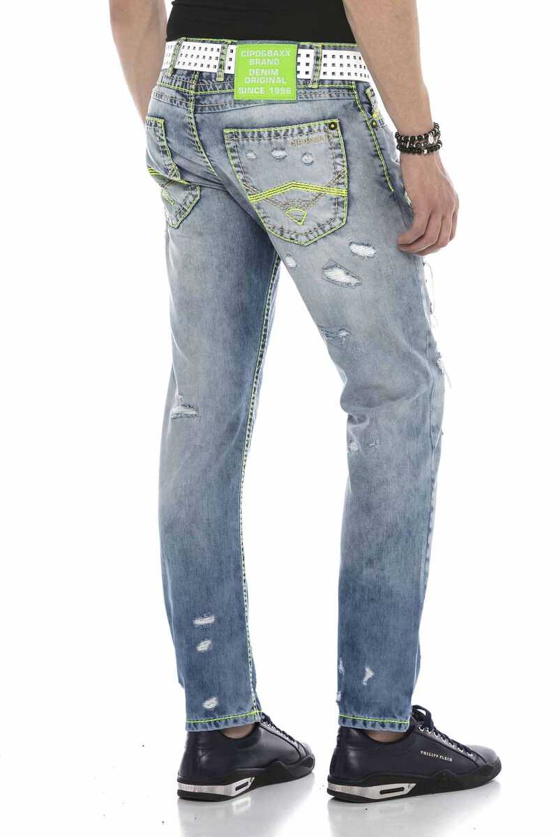 CD605 Neon Green Ripped Ice Blue Men's Jeans