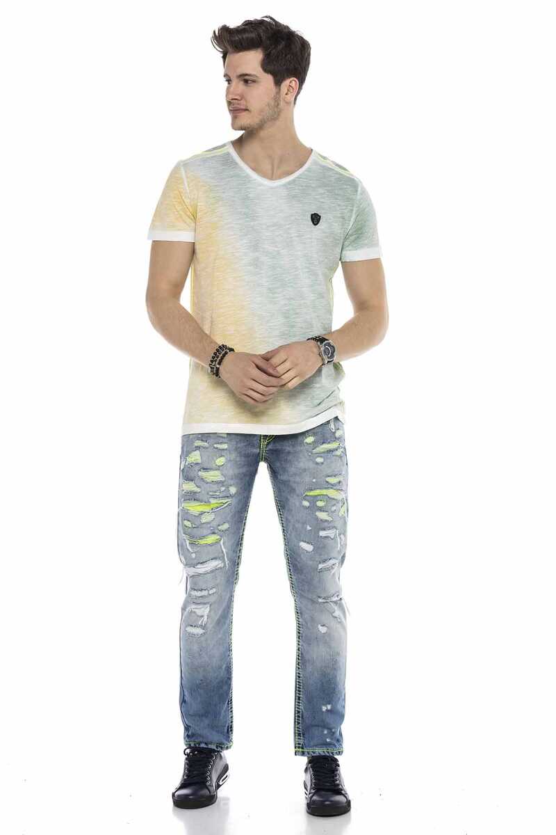 CD605 Neon Green Ripped Ice Blue Men's Jeans