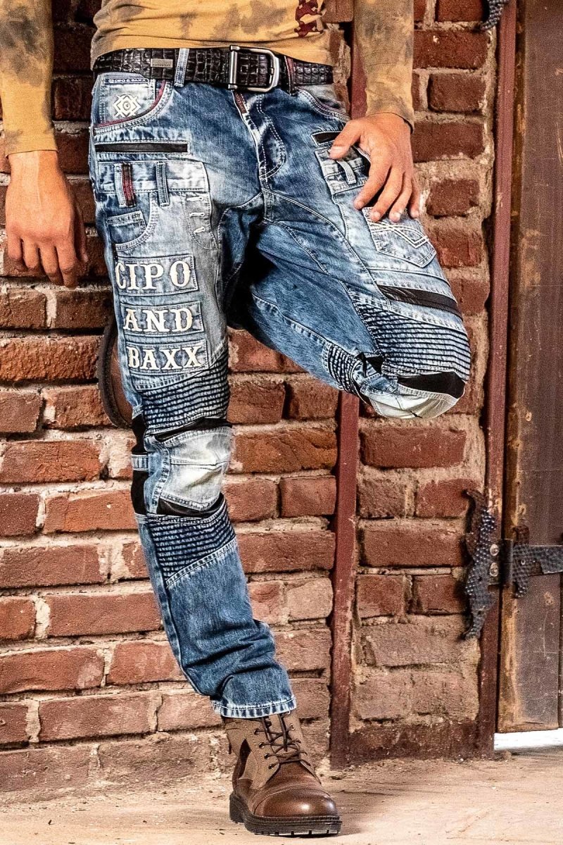 CD637 Rapper Style Regular Fit Leather Detail Men's Jeans