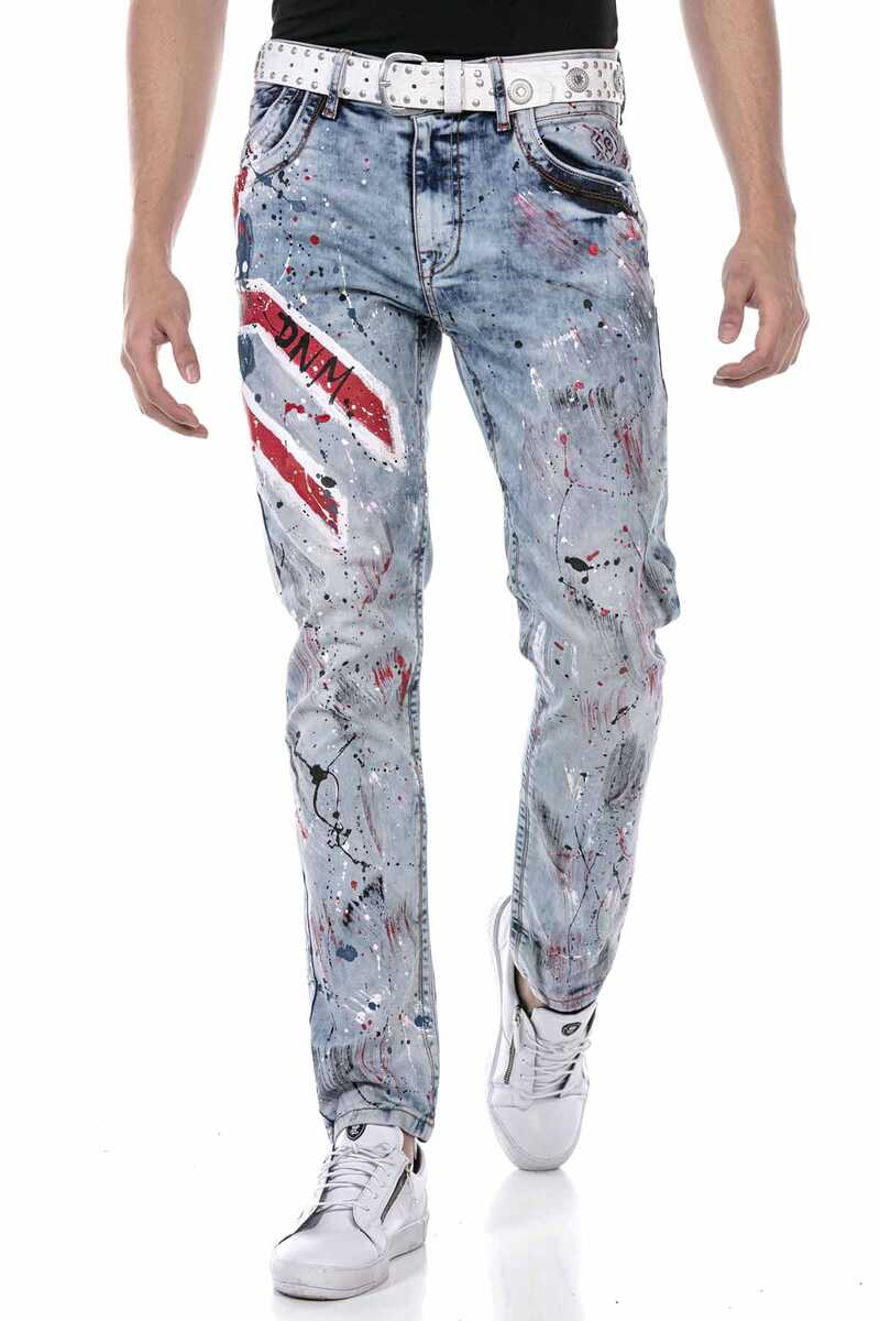 CD684 Skull Hand-Painted Ice Blue Men's Jeans