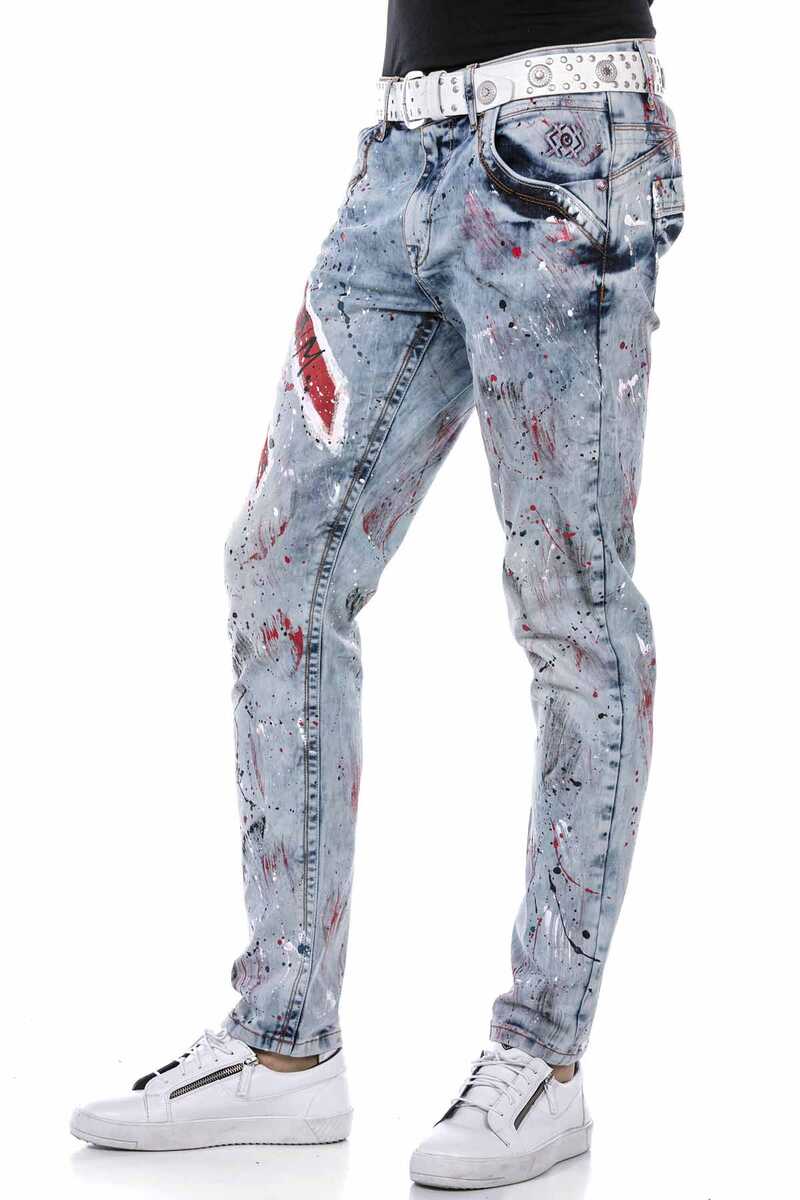 CD684 Skull Hand-Painted Ice Blue Men's Jeans
