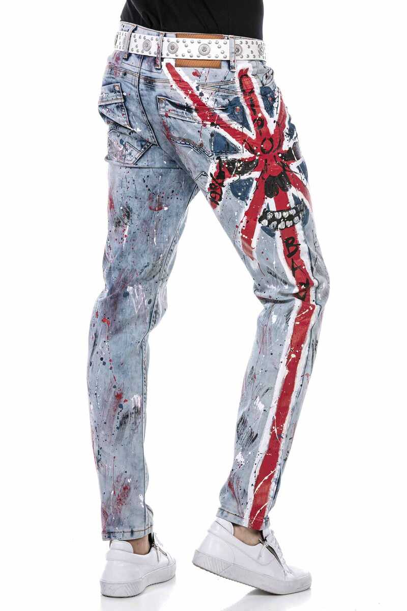 CD684 Skull Hand-Painted Ice Blue Men's Jeans