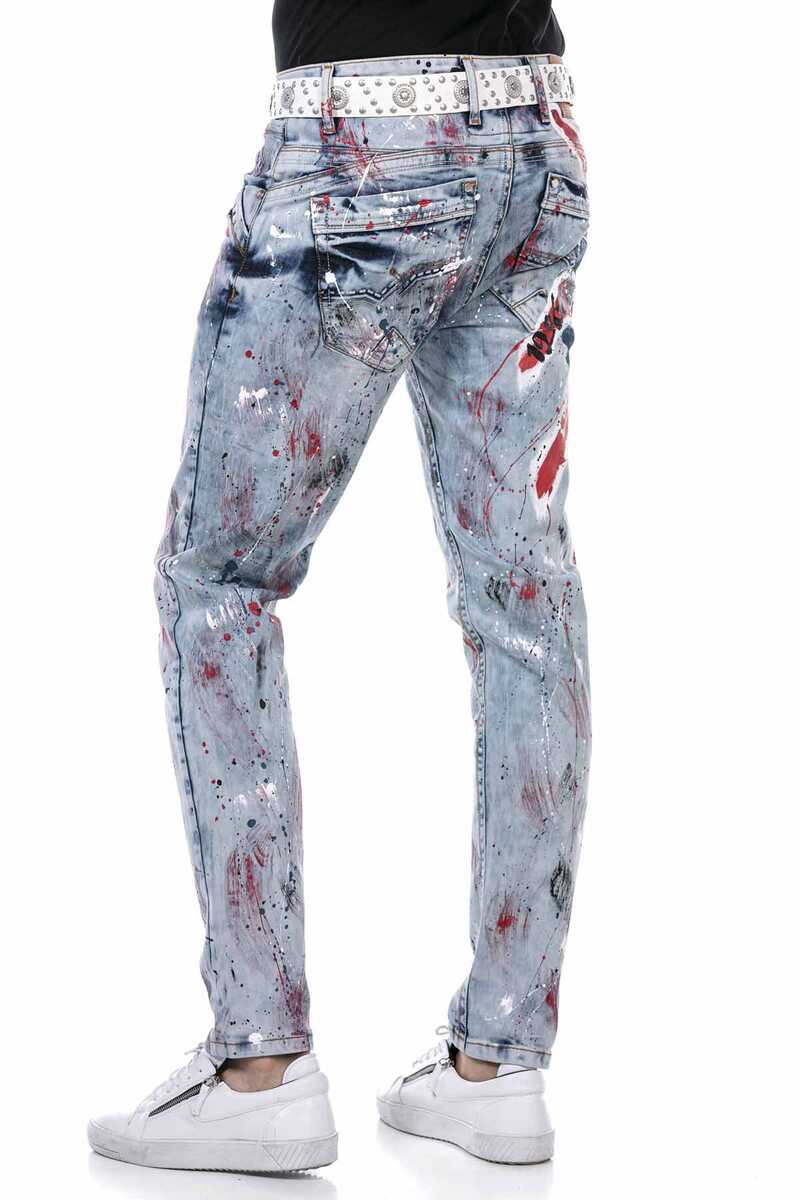 CD684 Skull Hand-Painted Ice Blue Men's Jeans