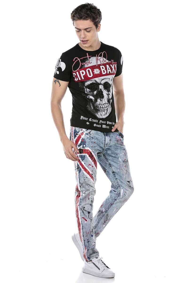 CD684 Skull Hand-Painted Ice Blue Men's Jeans