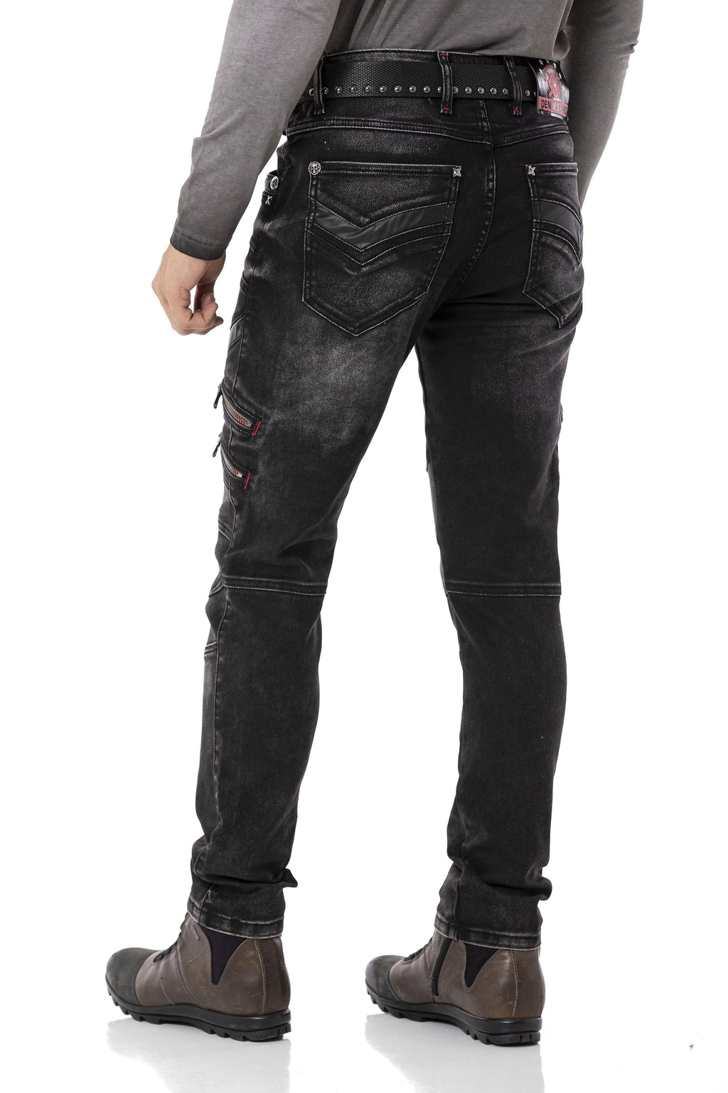 CD795 Biker Style Leather Detail Men's Jeans