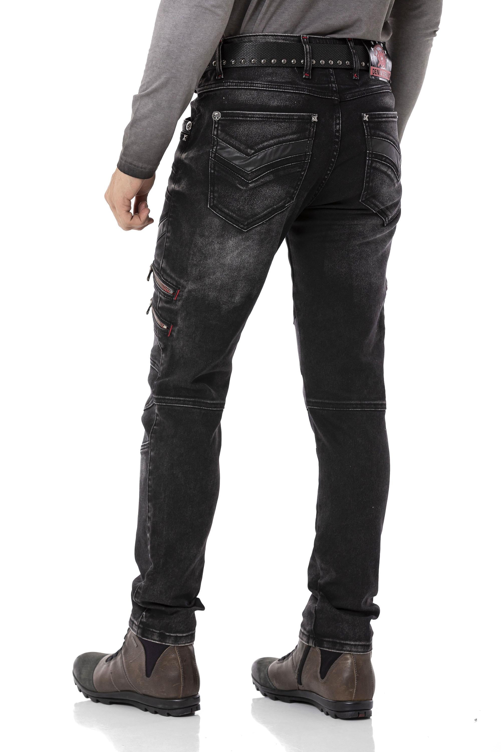 CD795 Biker Style Leather Detail Men's Jeans