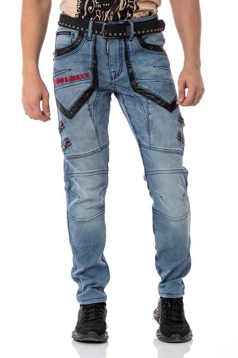 CD795 Biker Style Leather Detail Men's Jeans