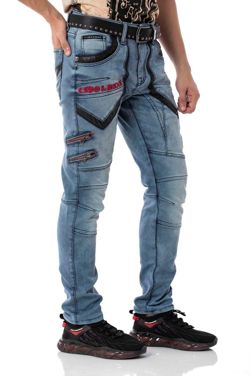 CD795 Biker Style Leather Detail Men's Jeans