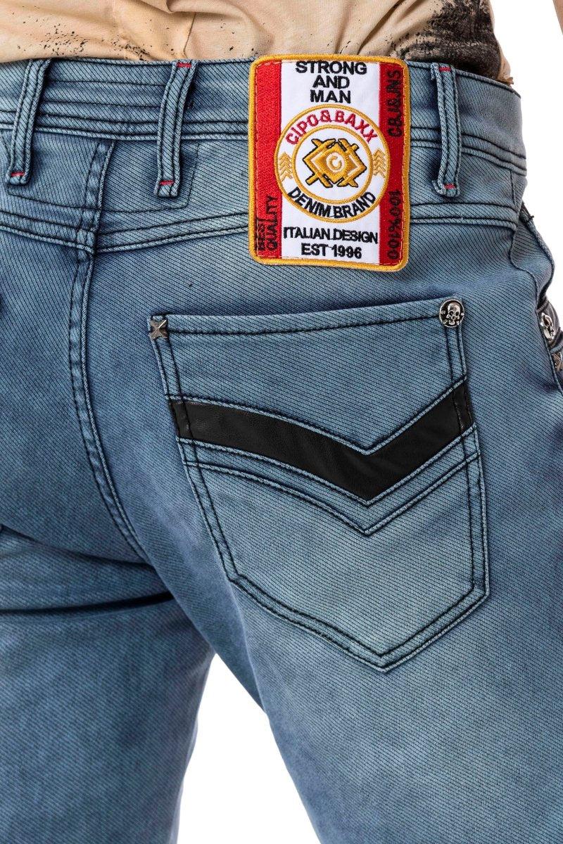 CD795 Biker Style Leather Detail Men's Jeans