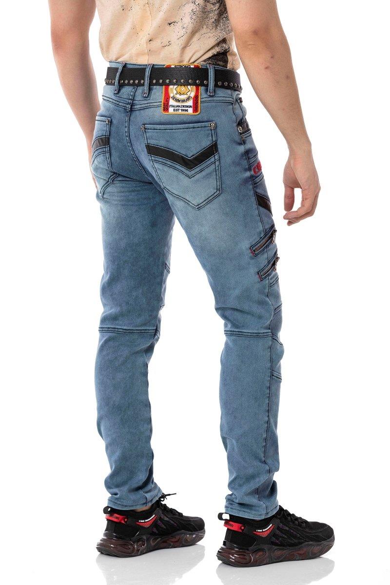 CD795 Biker Style Leather Detail Men's Jeans
