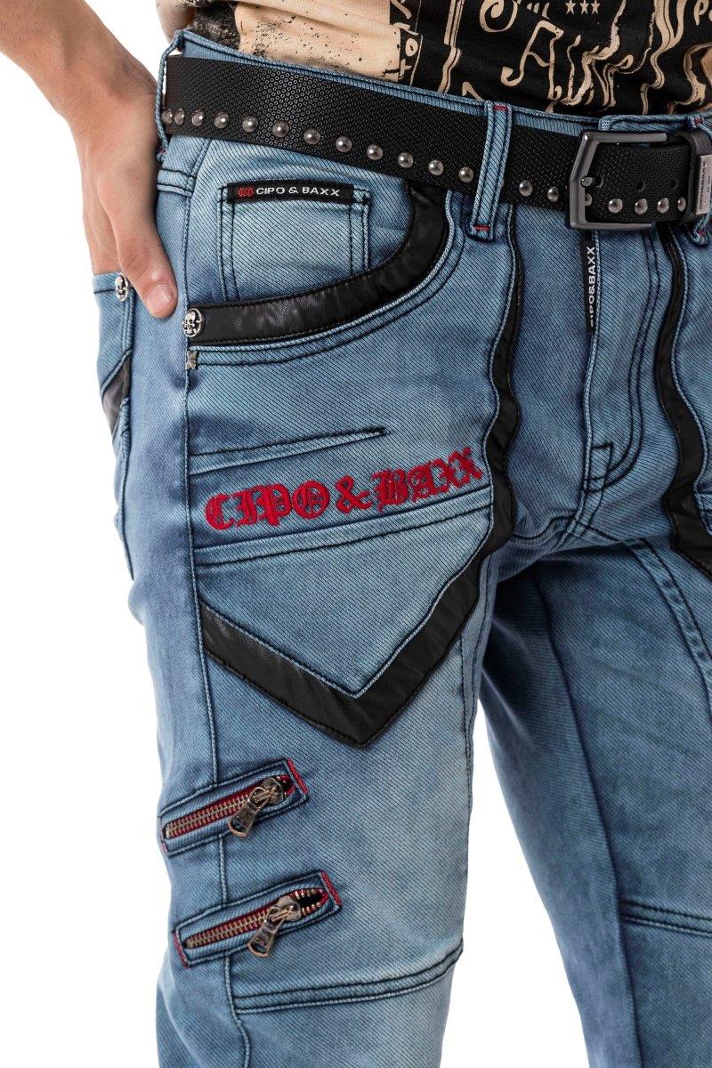 CD795 Biker Style Leather Detail Men's Jeans