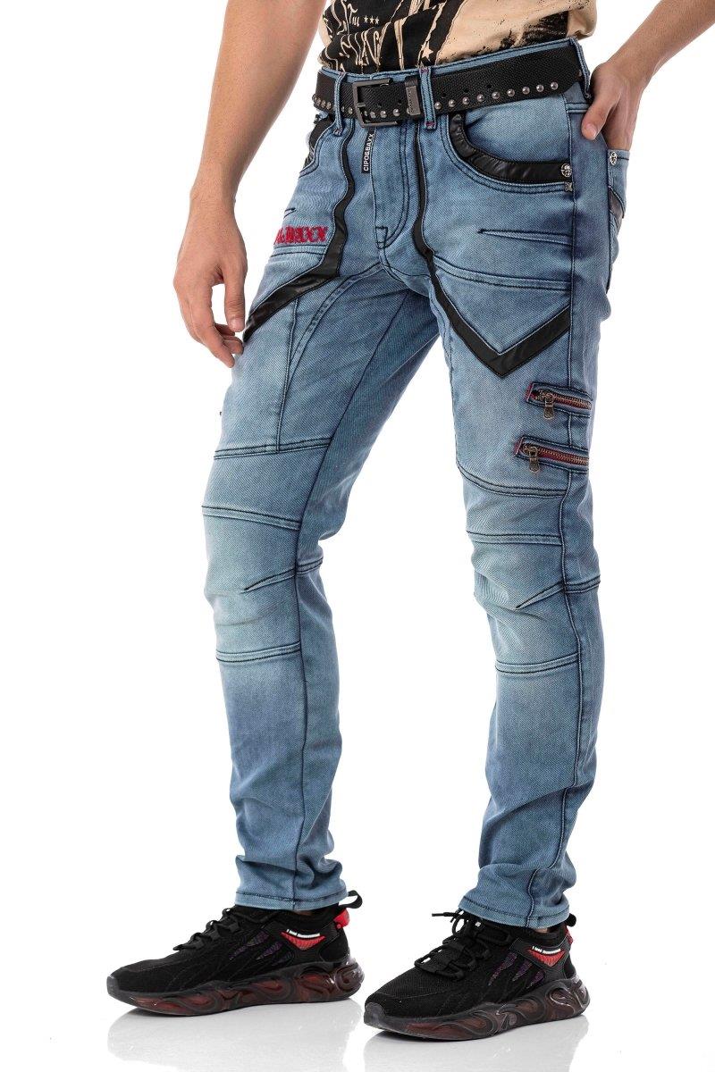 CD795 Biker Style Leather Detail Men's Jeans
