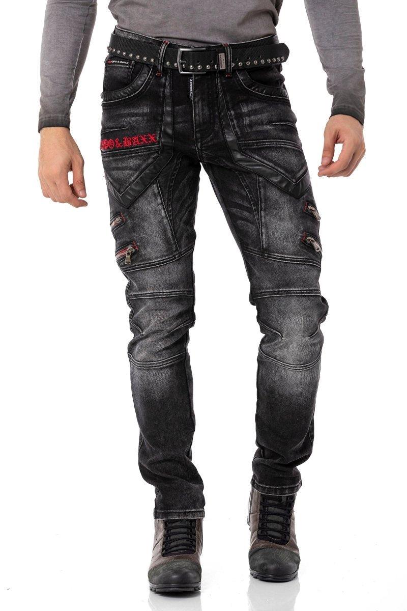 CD795 Biker Style Leather Detail Men's Jeans