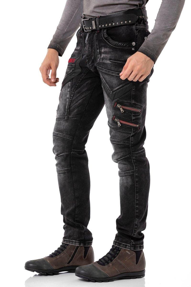 CD795 Biker Style Leather Detail Men's Jeans
