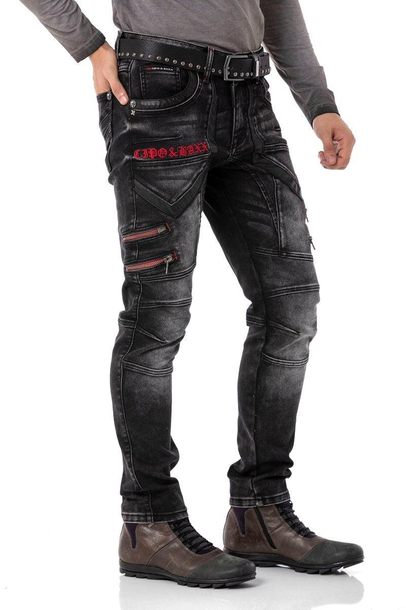 CD795 Biker Style Leather Detail Men's Jeans