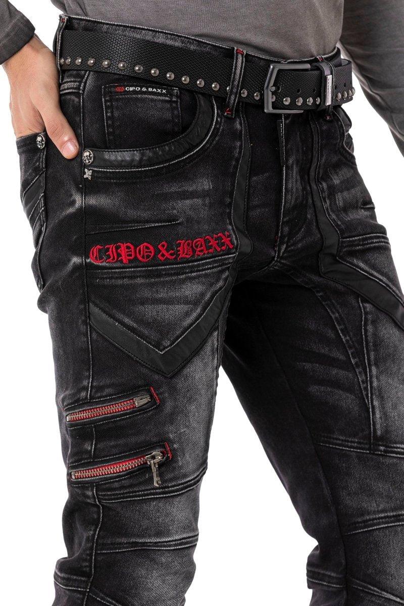 CD795 Biker Style Leather Detail Men's Jeans