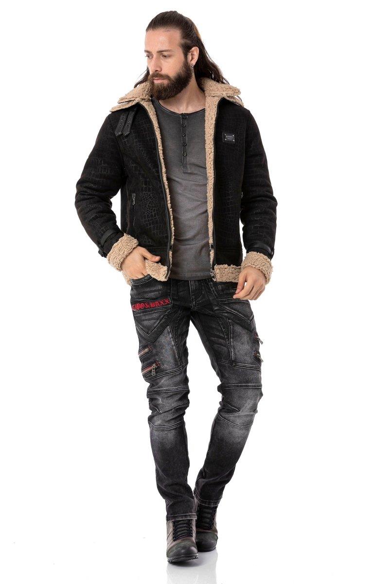 CD795 Biker Style Leather Detail Men's Jeans