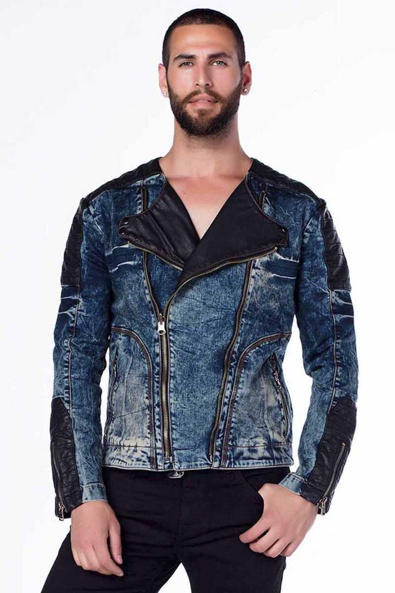 CJ135 Dark Leather Detail Biker Style Men's Denim Jacket