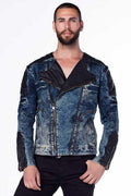 CJ135 Dark Leather Detail Biker Style Men's Denim Jacket