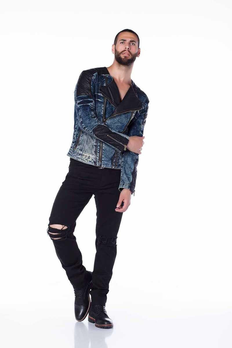 CJ135 Dark Leather Detail Biker Style Men's Denim Jacket