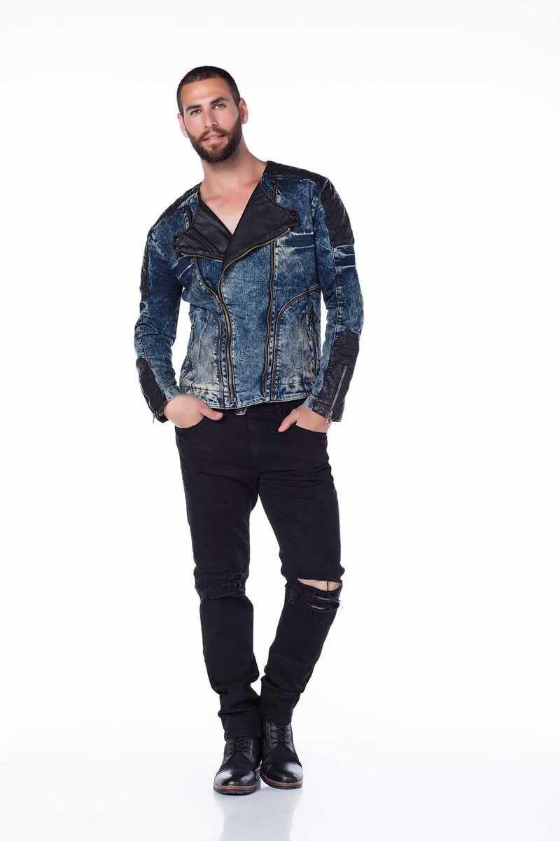 CJ135 Dark Leather Detail Biker Style Men's Denim Jacket