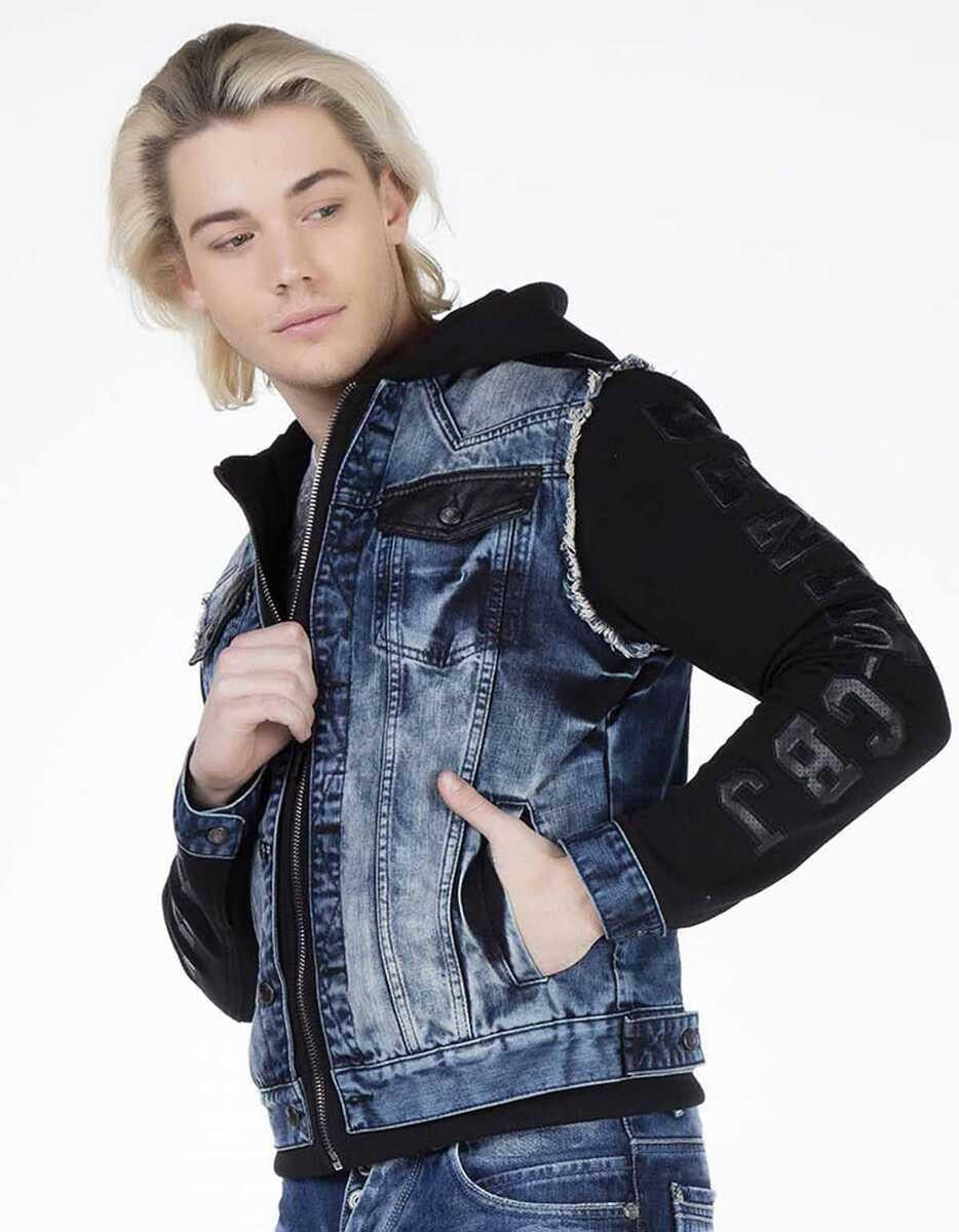 CJ154 Jersey Sleeve Hooded Men's Denim Jacket
