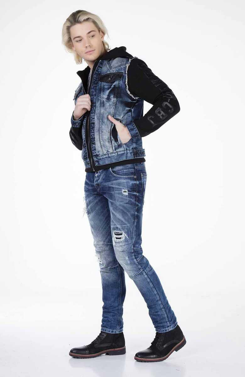 CJ154 Jersey Sleeve Hooded Men's Denim Jacket