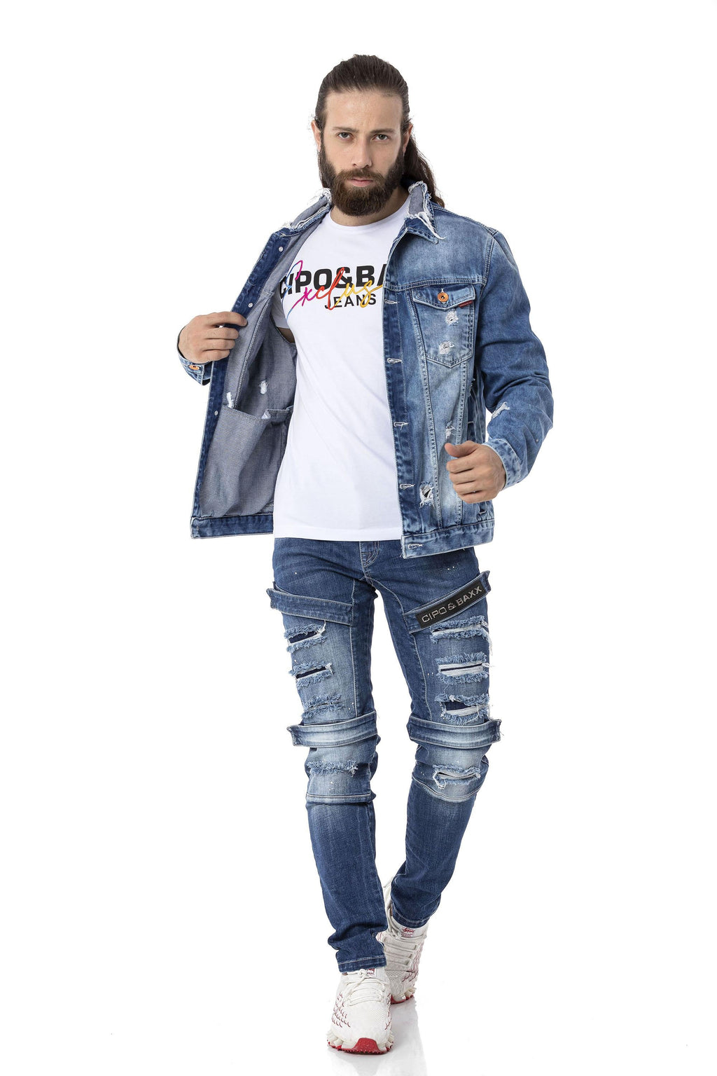 CJ291 Destroyed Ripped Denim Jacket