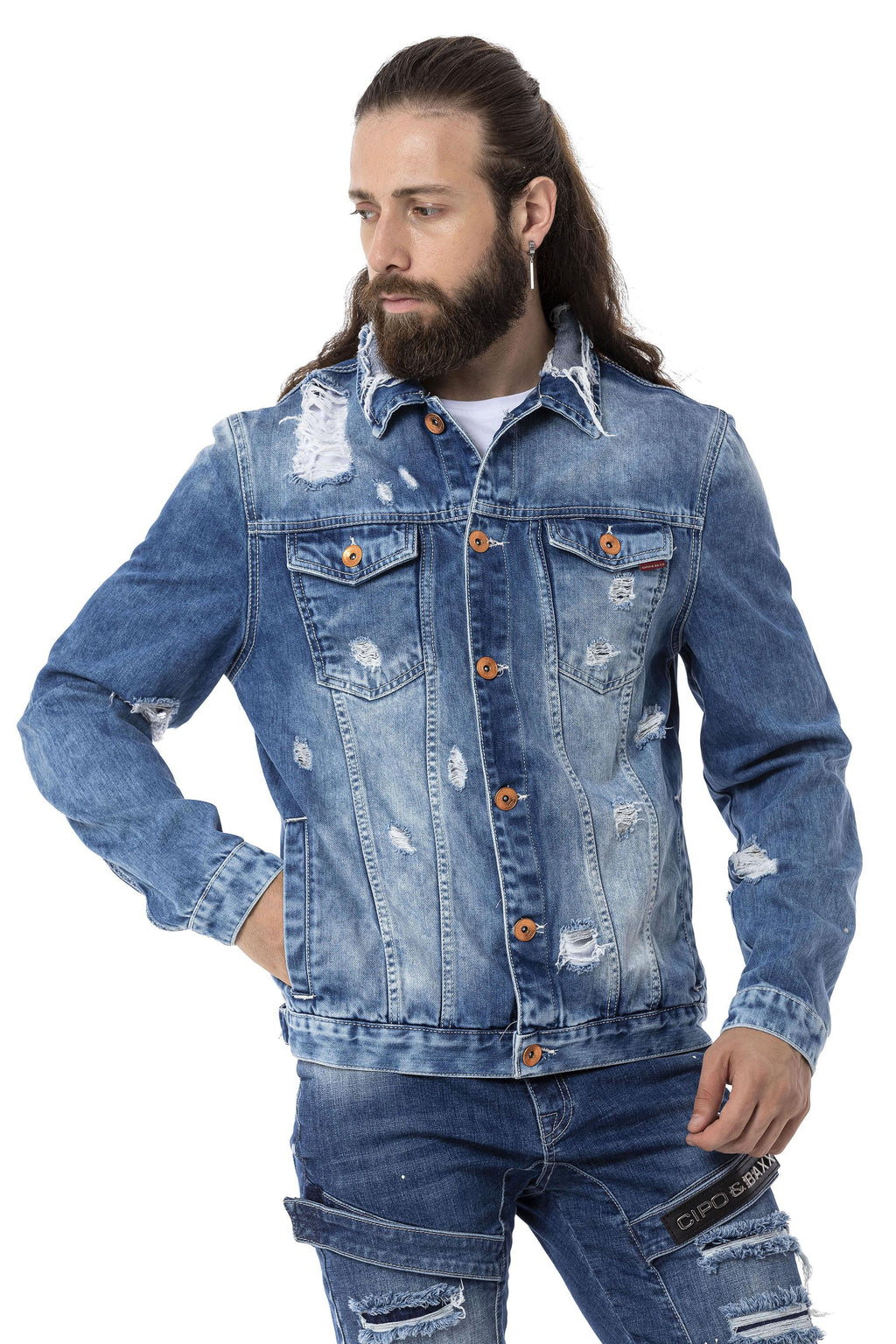 CJ291 Destroyed Ripped Denim Jacket