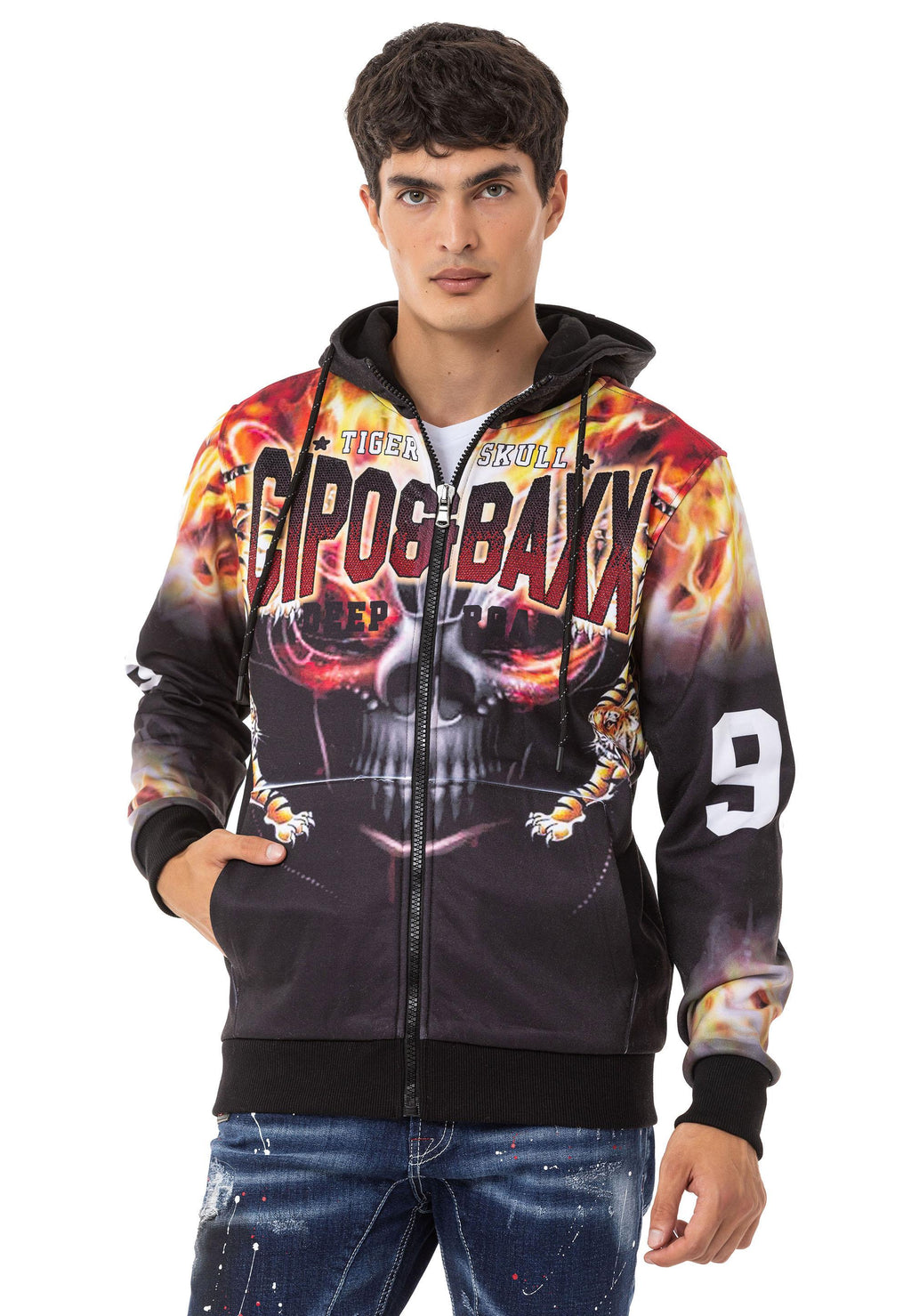 CL546 Skull & Flame Print Men's Zip Sweatshirt