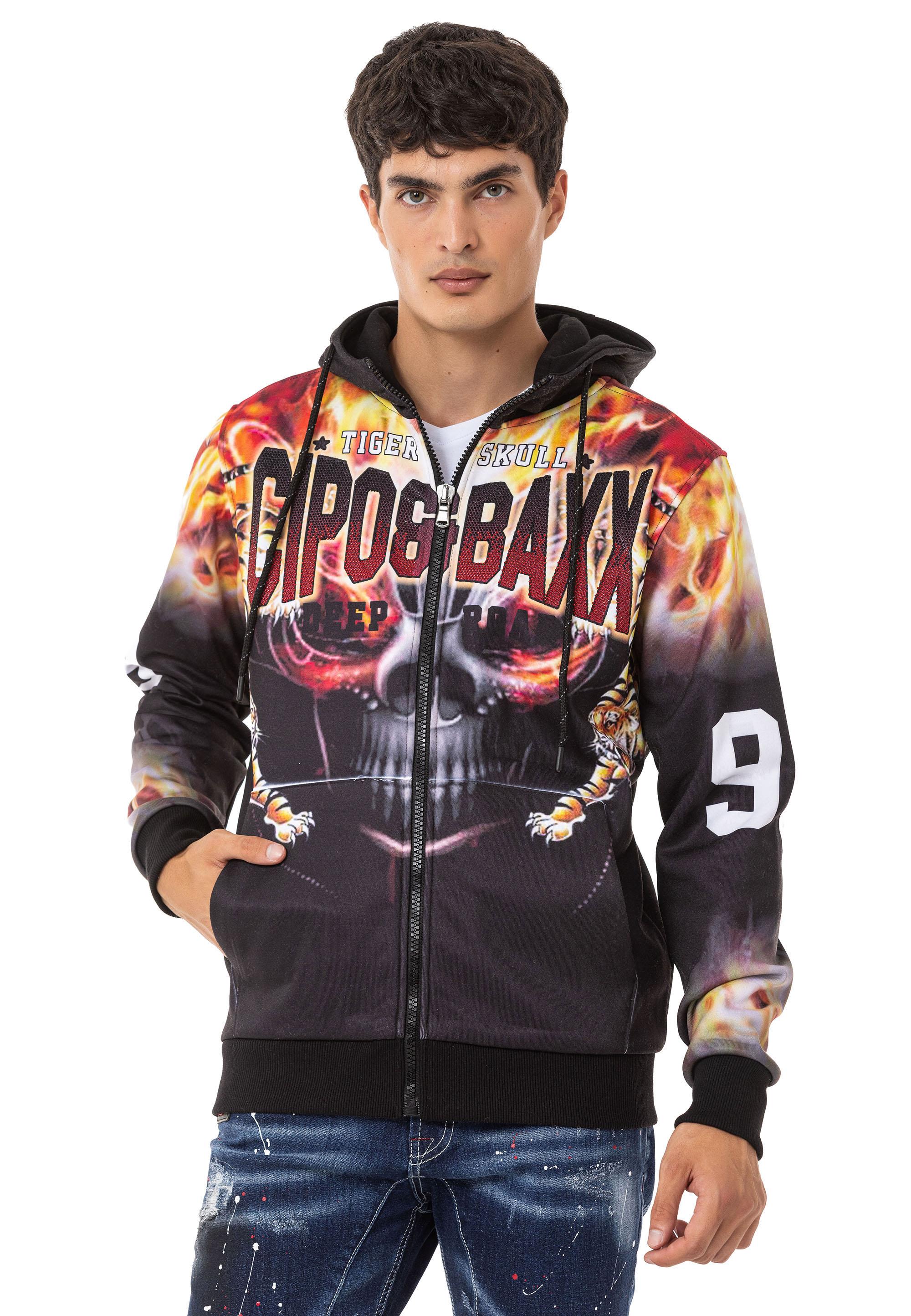 CL546 Skull & Flame Print Men's Zip Sweatshirt