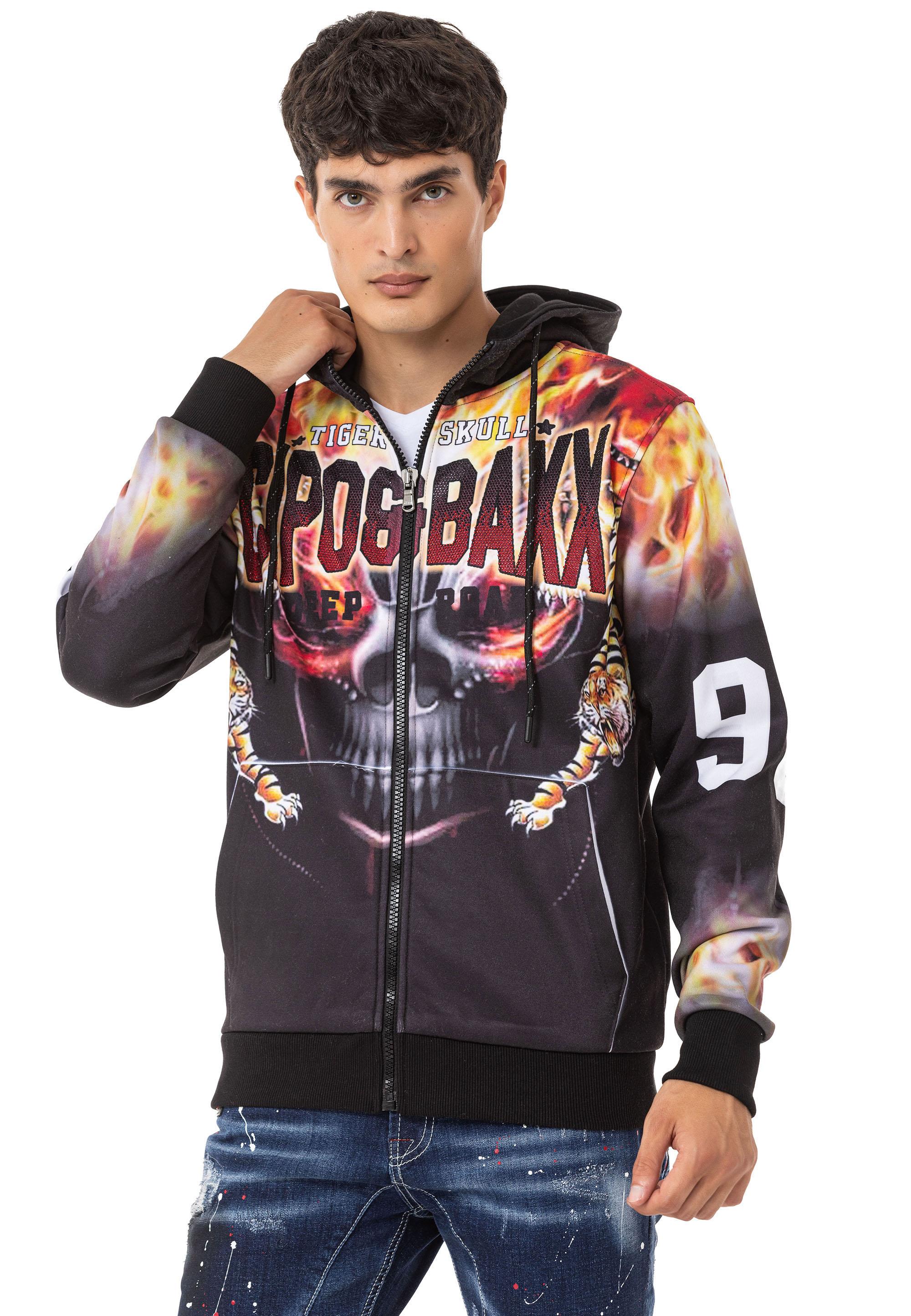 CL546 Skull & Flame Print Men's Zip Sweatshirt