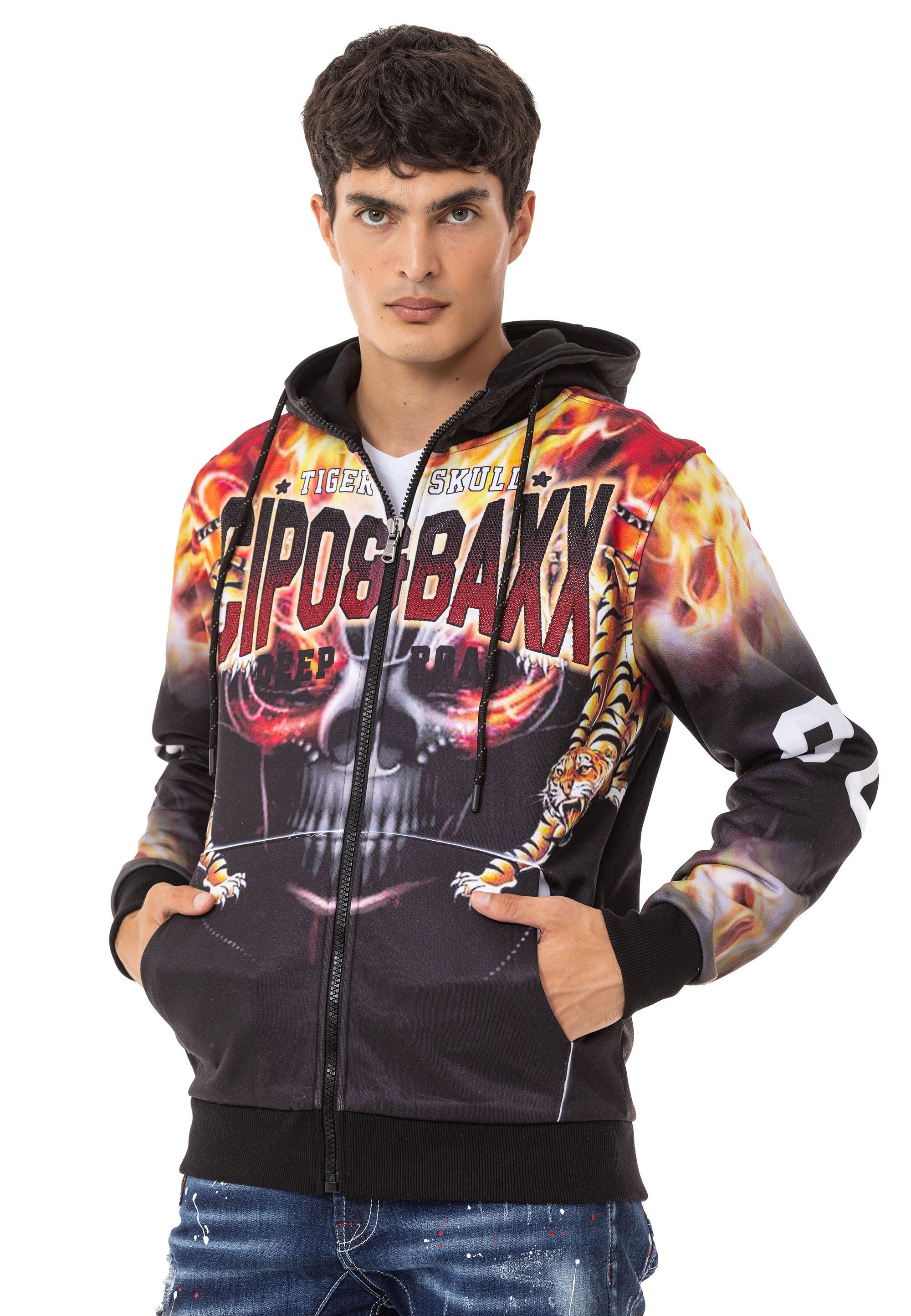 CL546 Skull & Flame Print Men's Zip Sweatshirt