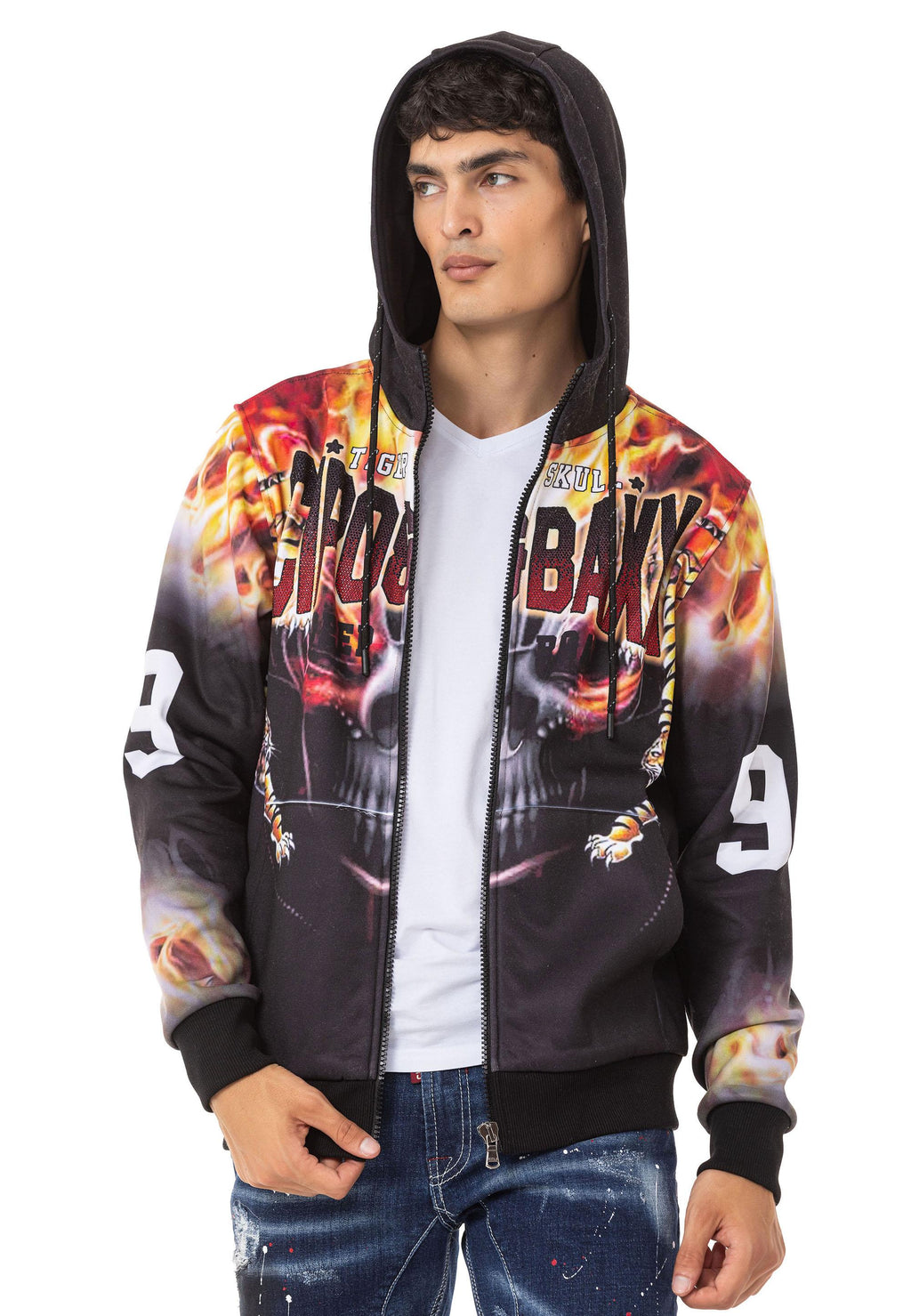 CL546 Skull & Flame Print Men's Zip Sweatshirt