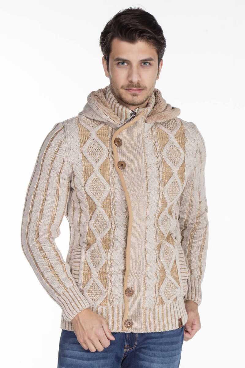 CP161 Stand Collar Buttoned Hooded Patterned Men's Cardigan