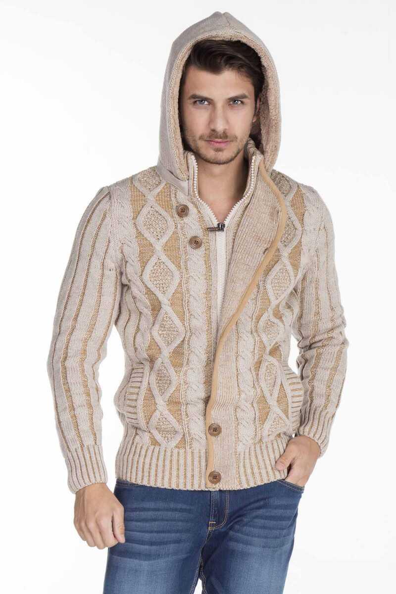 CP161 Stand Collar Buttoned Hooded Patterned Men's Cardigan