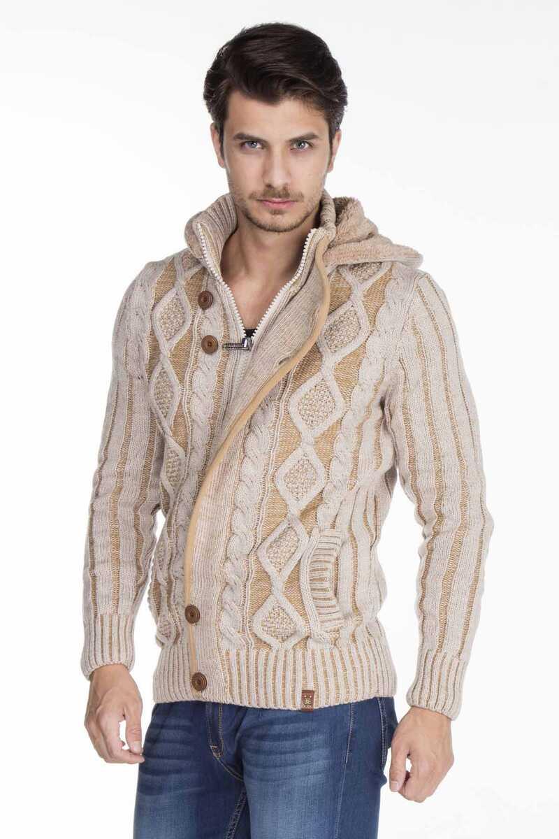 CP161 Stand Collar Buttoned Hooded Patterned Men's Cardigan