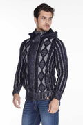 CP161 Stand Collar Buttoned Hooded Patterned Men's Cardigan