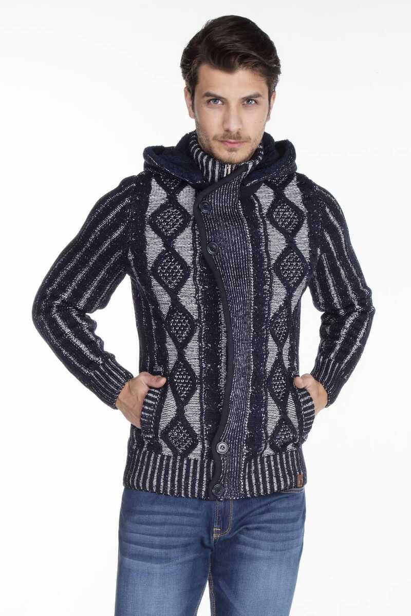 CP161 Stand Collar Buttoned Hooded Patterned Men's Cardigan