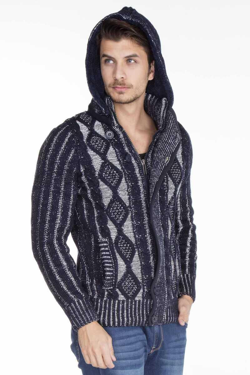 CP161 Stand Collar Buttoned Hooded Patterned Men's Cardigan