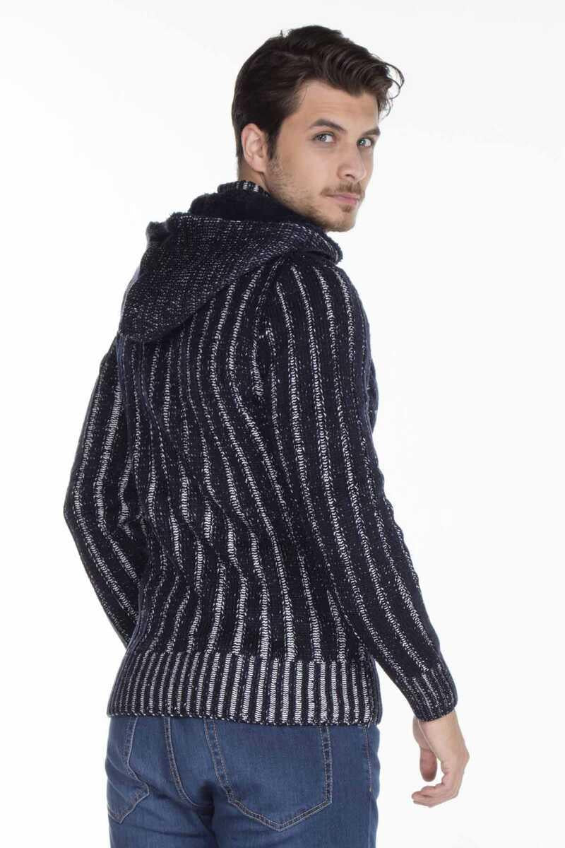 CP161 Stand Collar Buttoned Hooded Patterned Men's Cardigan
