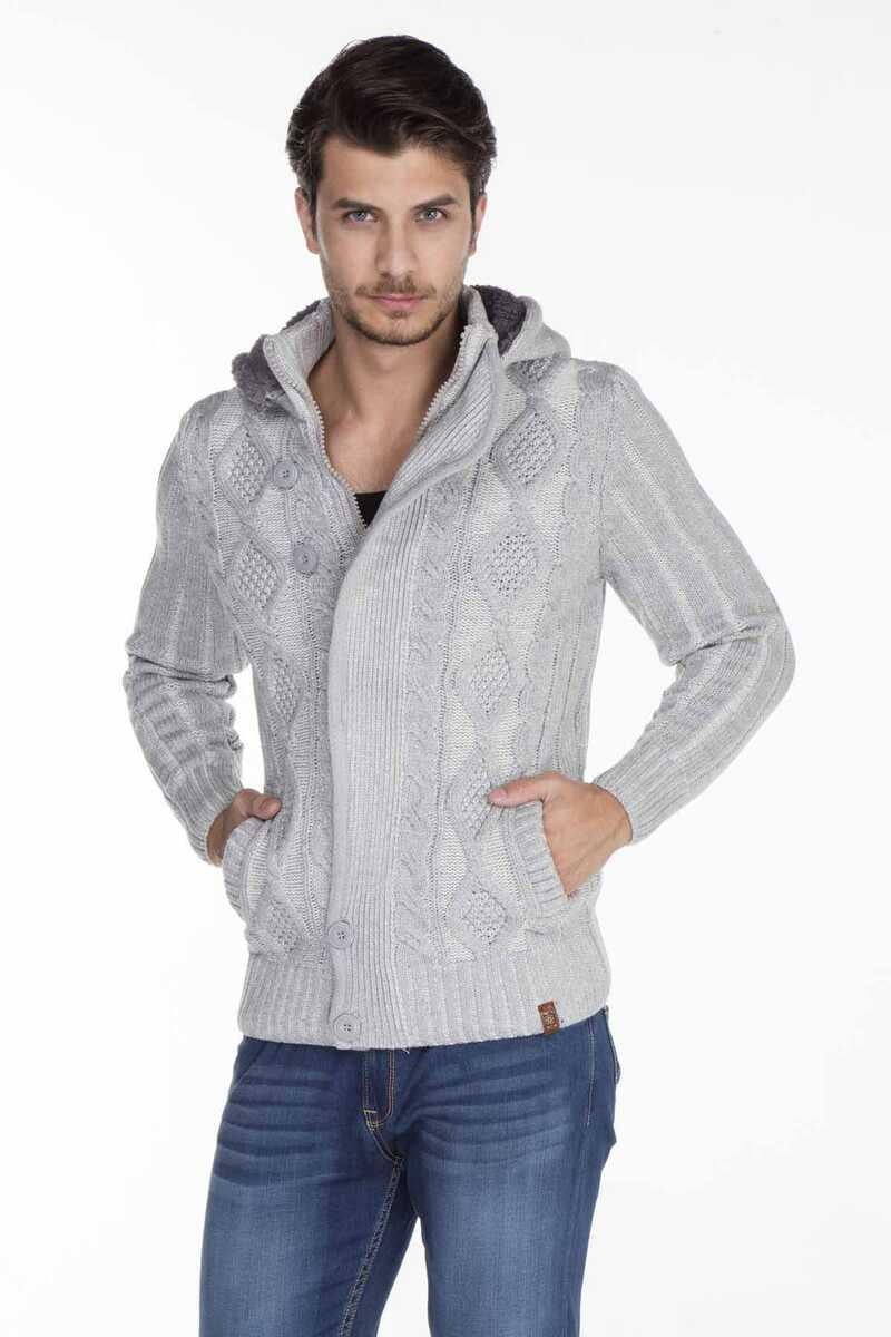 CP161 Stand Collar Buttoned Hooded Patterned Men's Cardigan