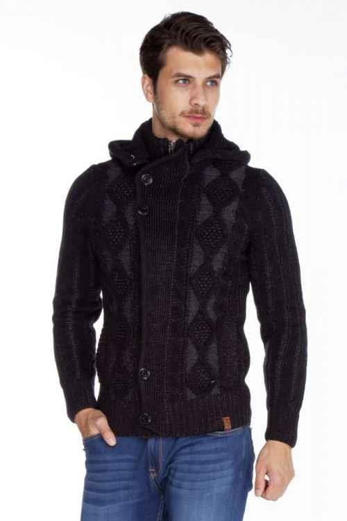 CP161 Stand Collar Buttoned Hooded Patterned Men's Cardigan