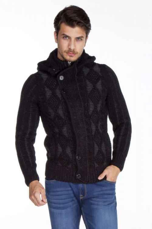 CP161 Stand Collar Buttoned Hooded Patterned Men's Cardigan