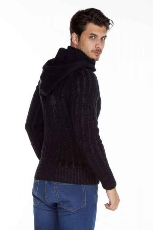 CP161 Stand Collar Buttoned Hooded Patterned Men's Cardigan