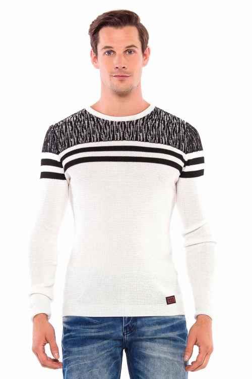 CP199 Shoulder Pattern Horizontal Stripe Knit Sweater