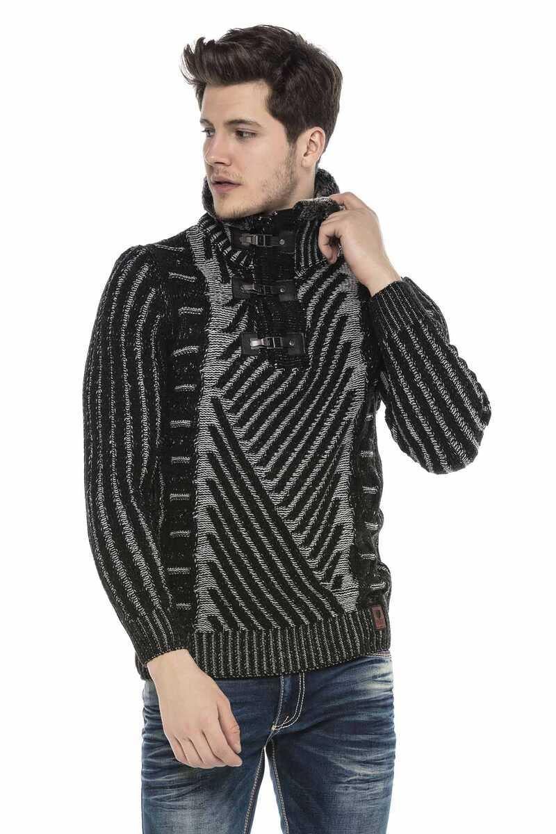 CP212 Fur Collar Textured Heavyweight Patterned Sweater